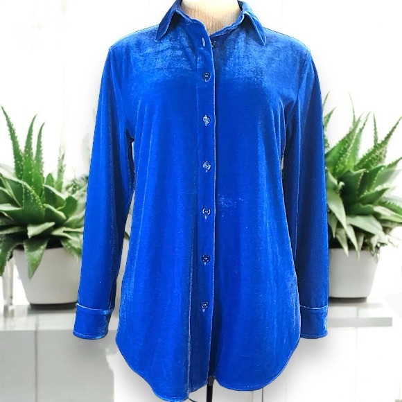 Soft Surroundings Blue Velour Boyfriend Button Down Tunic Shirt - Picture 12 of 16